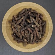 Long Pepper also known as Chocolate Pepper displayed in wooden bowl